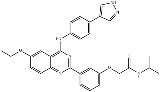 Acetamide, 2-[3-[6-ethoxy-4-[[4-(1H-pyrazol-4-yl)phenyl]amino]-2-quinazolinyl]phenoxy]-N-(1-methylethyl)- Struktur