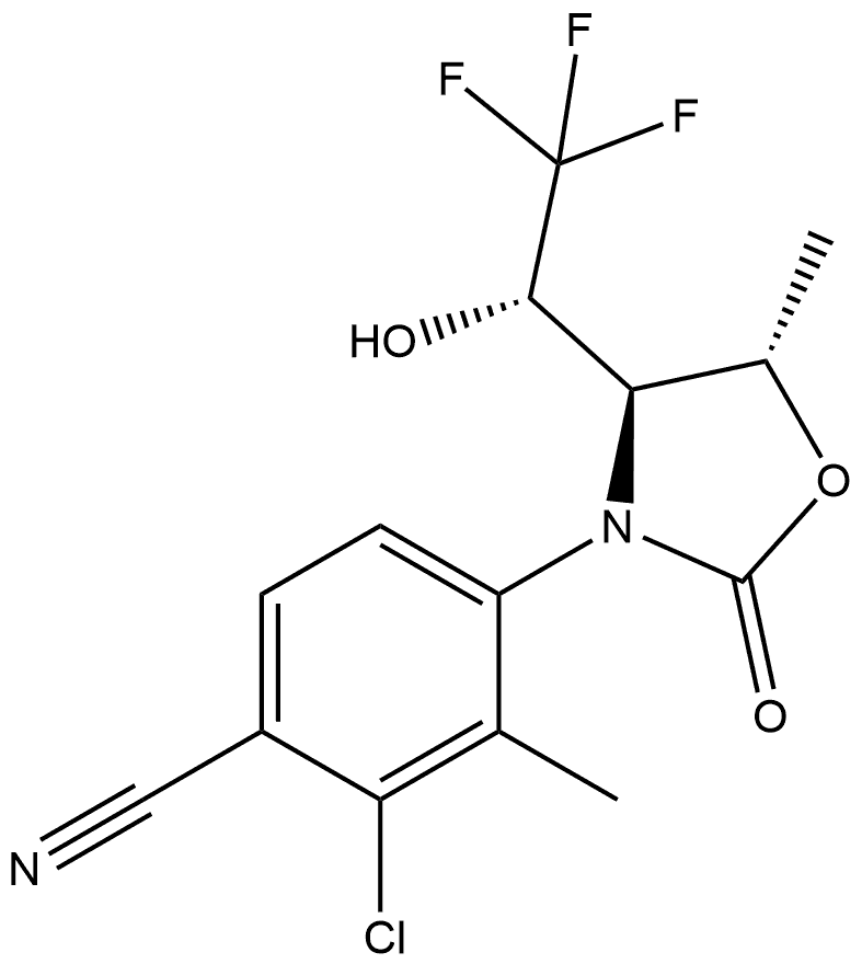 2-chloro-4-((4S,5S)-4-((S)-2,2,2-trifluoro-1-hydroxyethyl)-5-methyl-2-oxooxazolidin-3-yl)-3-methylbenzonitrile Struktur