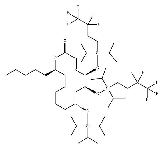 Oxacyclotetradec-3-en-2-one, 5,6-bis[[bis(1-methylethyl)(3,3,4,4,4-pentafluorobutyl)silyl]oxy]-14-pentyl-8-[[tris(1-methylethyl)silyl]oxy]-, (3E,5R,6S,8R,14R)- Struktur