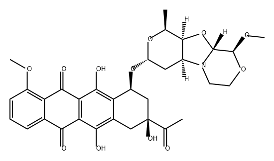 5,12-Naphthacenedione, 8-acetyl-7,8,9,10-tetrahydro-6,8,11-trihydroxy-1-methoxy-10-[[(1S,3R,4aS,9S,9aR,10aS)-octahydro-9-methoxy-1-methyl-1H-pyrano[4',3':4,5]oxazolo[2,3-c][1,4]oxazin-3-yl]oxy]-, (8S,10S)- Struktur