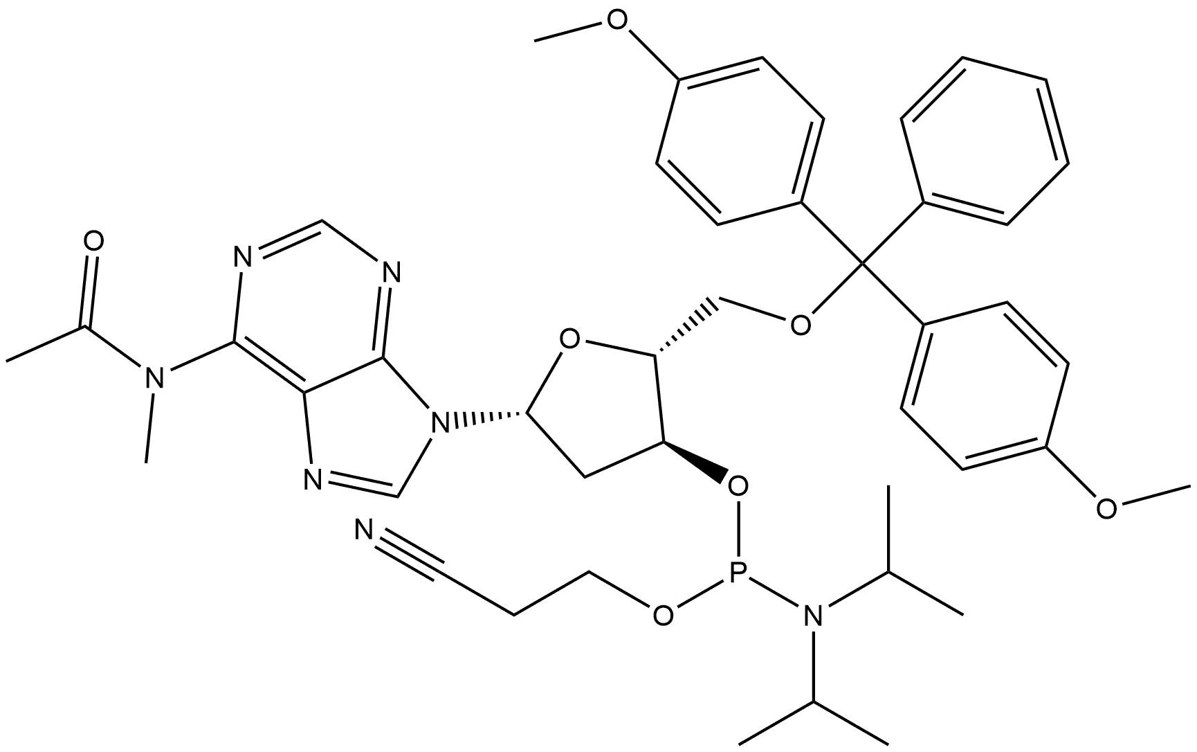 Adenosine, N-acetyl-5'-O-[bis(4-methoxyphenyl)phenylmethyl]-2'-deoxy-N-methyl-, 3'-[2-cyanoethyl N,N-bis(1-methylethyl)phosphoramidite],1377950-66-7,结构式