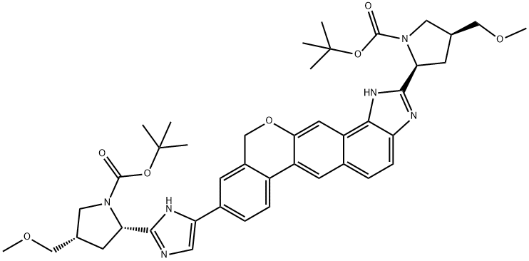 1-Pyrrolidinecarboxylic acid, 2-[5-[2-[(2S,4S)-1-[(1,1-dimethylethoxy)carbonyl]-4-(methoxymethyl)-2-pyrrolidinyl]-1,11-dihydro[2]benzopyrano[4',3':6,7]naphth[1,2-d]imidazol-9-yl]-1H-imidazol-2-yl]-4-(methoxymethyl)-, 1,1-dimethylethyl ester, (2S,4S)- Struktur