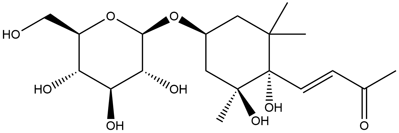 (3E)-4-[(1S,2S,4S)-4-(β-D-Glucopyranosyloxy)-1,2-dihydroxy-2,6,6-trimethylcyclohexyl]-3-buten-2-one 化学構造式