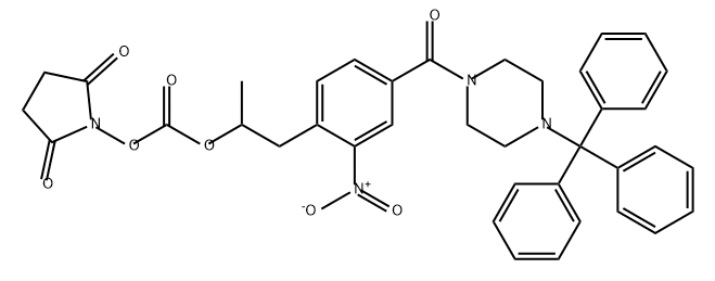 Carbonic acid, 2,5-dioxo-1-pyrrolidinyl 1-methyl-2-[2-nitro-4-[[4-(triphenylmethyl)-1-piperazinyl]carbonyl]phenyl]ethyl ester Struktur