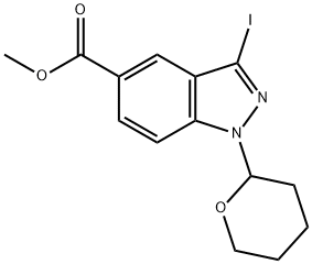 1H-?Indazole-?5-?carboxylic acid, 3-?iodo-?1-?(tetrahydro-?2H-?pyran-?2-?yl)?-?, methyl ester 化学構造式
