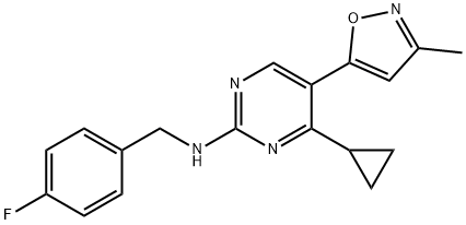 4-cyclopropyl-N-[(4-fluorophenyl)methyl]-5-(3-me thyl-1,2-oxazol-5-yl)pyrimidin-2-amine 化学構造式