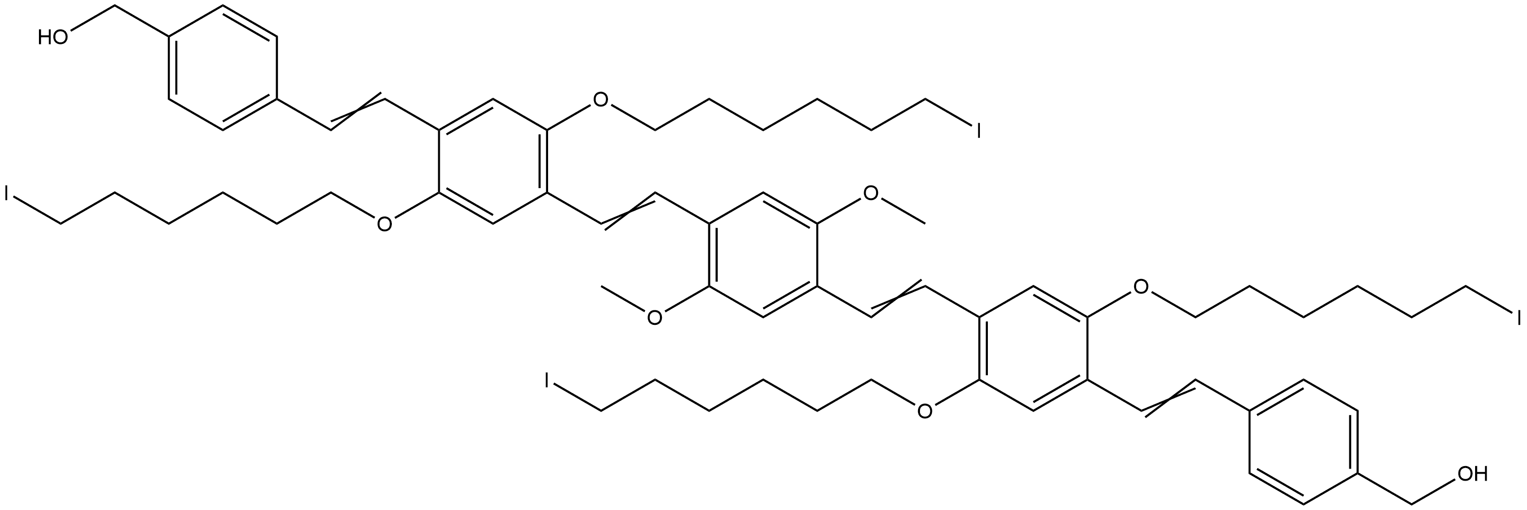 (((1E,1'E)-(((1E,1'E)-(2,5-dimethoxy-1,4-phenylene)bis(ethene-2,1-diyl))bis(2,5-bis((6-bromohexyl)oxy)-4,1-phenylene))bis(ethene-2,1-diyl))bis(4,1-phenylene))dimethanol Struktur