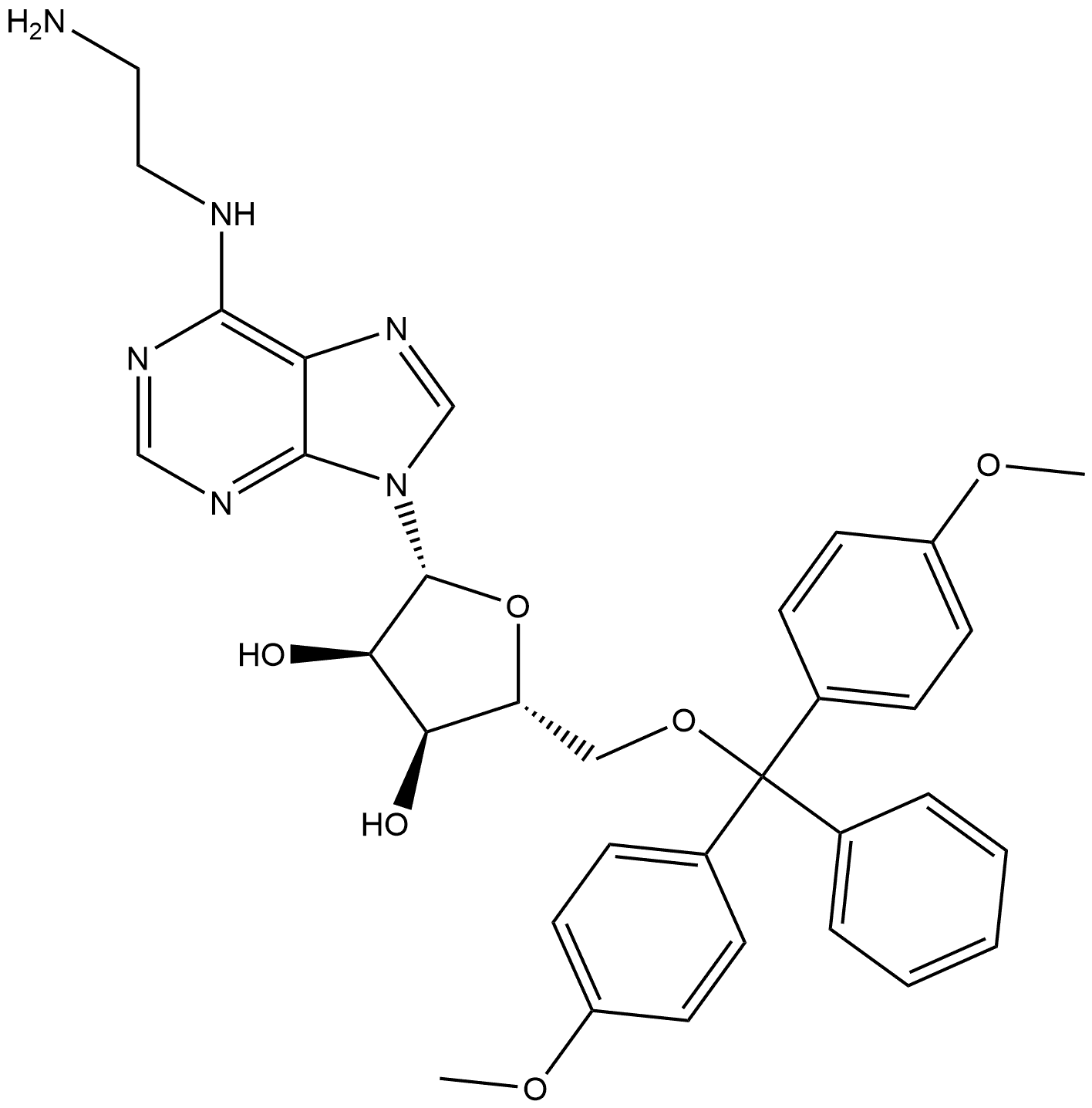 (2R,3R,4S,5R)-2-(6-((2-Aminoethyl)amino)-9H-purin-9-yl)-5-((bis(4-methoxyphenyl)(phenyl)methoxy)methyl)tetrahydrofuran-3,4-diol Struktur