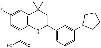 8-Quinolinecarboxylic acid, 6-fluoro-1,2,3,4-tetrahydro-4,4-dimethyl-2-[3-(1-pyrrolidinyl)phenyl]-,1391610-34-6,结构式