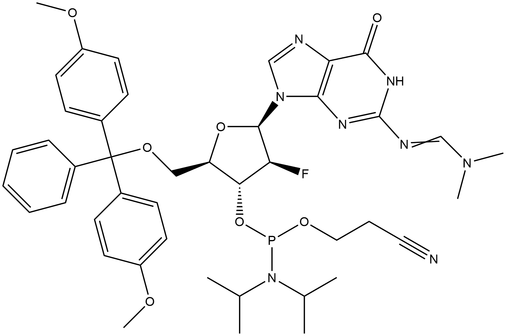 1391913-24-8 Methanimidamide, N'-[9-[5-O-[bis(4-methoxyphenyl)phenylmethyl]-3-O-[[bis(1-methylethyl)amino](2-cyanoethoxy)phosphino]-2-deoxy-2-fluoro-β-D-arabinofuranosyl]-6,9-dihydro-6-oxo-1H-purin-2-yl]-N,N-dimethyl-