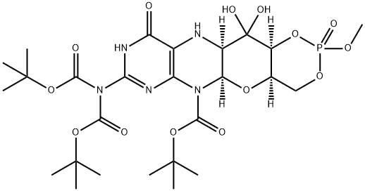 1,3,2-Dioxaphosphorino[4',5':5,6]pyrano[3,2-g]pteridine-6(5aH)-carboxylic acid, 8-[bis[(1,1-dimethylethoxy)carbonyl]amino]-4,4a,9,10,11,11a,12,12a-octahydro-12,12-dihydroxy-2-methoxy-10-oxo-, 1,1-dimethylethyl ester, 2-oxide, (4aR,5aR,11aR,12aS)- Struktur