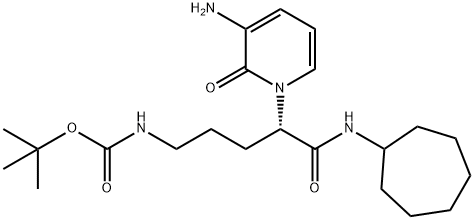 Carbamic acid, N-[(4S)-4-(3-amino-2-oxo-1(2H)-pyridinyl)-5-(cycloheptylamino)-5-oxopentyl]-, 1,1-dimethylethyl ester Struktur