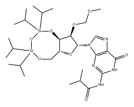 Guanosine, N-(2-methyl-1-oxopropyl)-2'-O-[(methylthio)methyl]-3',5'-O-[1,1,3,3-tetrakis(1-methylethyl)-1,3-disiloxanediyl]- Structure