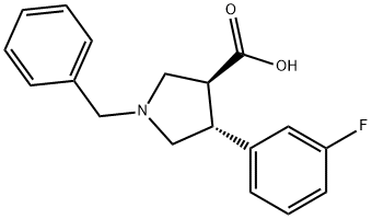 1-benzyl-4-(3-fluorophenyl)pyrrolidine-3-carboxylic acid, trans Struktur