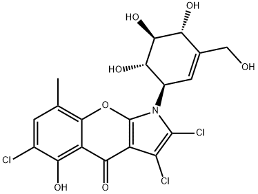 [1]Benzopyrano[2,3-b]pyrrol-4(1H)-one, 2,3,6-trichloro-5-hydroxy-8-methyl-1-[(1R,4R,5S,6S)-4,5,6-trihydroxy-3-(hydroxymethyl)-2-cyclohexen-1-yl]- 结构式