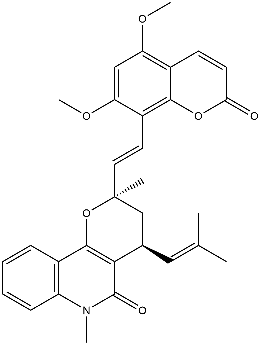 5H-Pyrano[3,2-c]quinolin-5-one, 2-[2-(5,7-dimethoxy-2-oxo-2H-1-benzopyran-8-yl)ethenyl]-2,3,4,6-tetrahydro-2,6-dimethyl-4-(2-methyl-1-propenyl)-, [2R-[2α(E),4α]]- (9CI) Structure