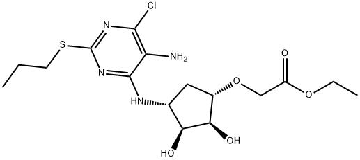 Ethyl 2-[[(1S,2S,3S,4R)-4-[[5-amino-6-chloro-2-(propylthio)-4-pyrimidinyl]amino]-2,3-dihydroxycyclopentyl]oxy]acetate Struktur