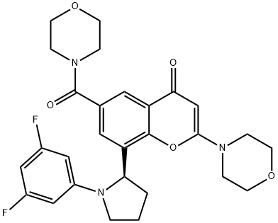 4H-1-Benzopyran-4-one, 8-[(2R)-1-(3,5-difluorophenyl)-2-pyrrolidinyl]-2-(4-morpholinyl)-6-(4-morpholinylcarbonyl)- Structure