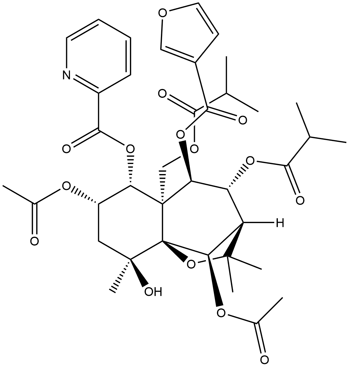 2-Pyridinecarboxylic acid, (3R,4R,5R,5aS,6R,7S,9S,9aS,10R)-7,10-bis(acetyloxy)-5-[(3-furanylcarbonyl)oxy]octahydro-9-hydroxy-2,2,9-trimethyl-4-(2-methyl-1-oxopropoxy)-5a-[(2-methyl-1-oxopropoxy)methyl]-2H-3,9a-methano-1-benzoxepin-6-yl ester 化学構造式