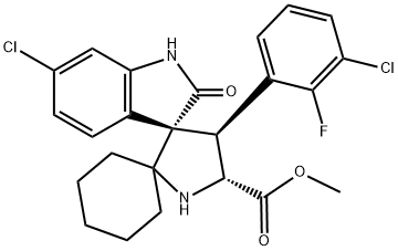 Dispiro[cyclohexane-1,2'-pyrrolidine-3',3''-[3H]indole]-5'-carboxylic acid, 6''-chloro-4'-(3-chloro-2-fluorophenyl)-1'',2''-dihydro-2''-oxo-, methyl ester, (3'S,4'S,5'R)- Structure