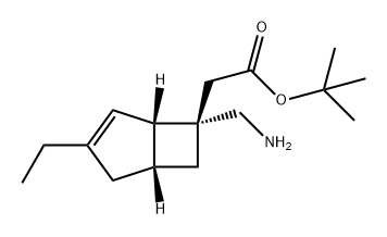 Bicyclo[3.2.0]hept-3-ene-6-acetic acid, 6-(aminomethyl)-3-ethyl-, 1,1-dimethylethyl ester, (1S,5R,6S)- 化学構造式