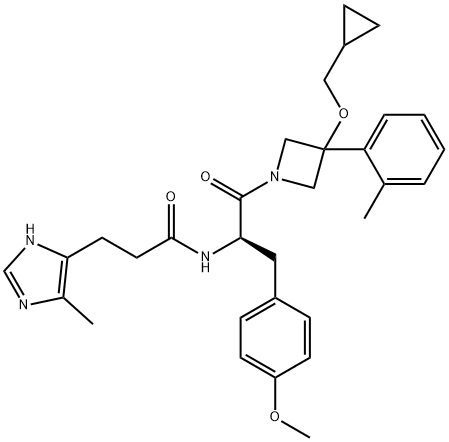 1H-Imidazole-5-propanamide, N-[(1R)-2-[3-(cyclopropylmethoxy)-3-(2-methylphenyl)-1-azetidinyl]-1-[(4-methoxyphenyl)methyl]-2-oxoethyl]-4-methyl- Structure