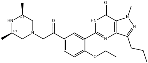 7H-Pyrazolo[4,3-d]pyrimidin-7-one, 5-[5-[2-[(3R,5S)-3,5-dimethyl-1-piperazinyl]acetyl]-2-ethoxyphenyl]-1,6-dihydro-1-methyl-3-propyl-, rel- 化学構造式