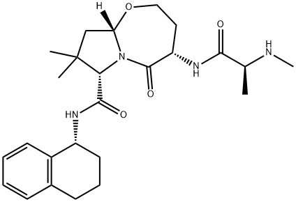 Pyrrolo[2,1-b][1,3]oxazepine-7-carboxamide, octahydro-8,8-dimethyl-4-[[(2S)-2-(methylamino)-1-oxopropyl]amino]-5-oxo-N-[(1R)-1,2,3,4-tetrahydro-1-naphthalenyl]-, (4S,7S,9aS)- Structure