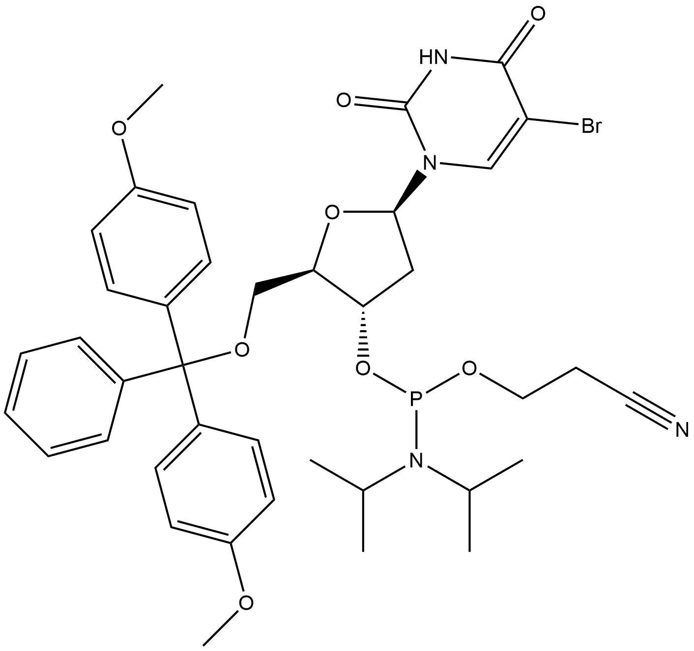 5-bromo-5'-O-(4, 4'-dimethoxytrityl)-2'-deoxyuridine-3'-cyanoethyl Phosphoramidite 化学構造式