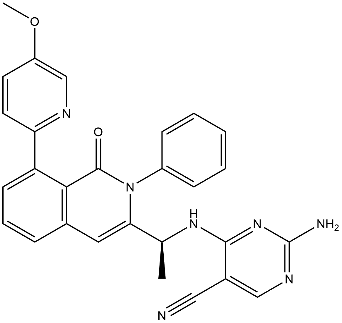 (S)-2-amino-4-((1-(8-(5-methoxypyridin-2-yl)-1-oxo-2-phenyl-1,2-dihydroisoquinolin-3-yl)ethyl)amino)pyrimidine-5-carbonitrile Struktur