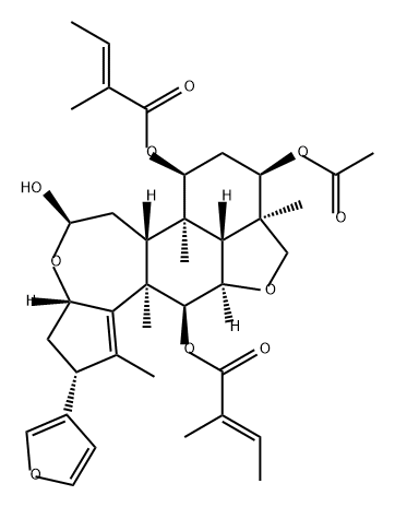 2-Butenoic acid, 2-methyl-, 1,1'-[(2R,3aS,5R,6aR,6bR,7S,9R,9aR,11aR,11bR,12S,12aR)-9-(acetyloxy)-2-(3-furanyl)-3,3a,5,6,6a,6b,7,8,9,9a,10,11a,12,12a-tetradecahydro-5-hydroxy-1,6b,9a,12a-tetramethyl-2H,5H-cyclopent[a]isobenzofuro[7,1-gh][3]benzoxepin-7,12-diyl] ester, (2E,2'E)-,1426089-45-3,结构式