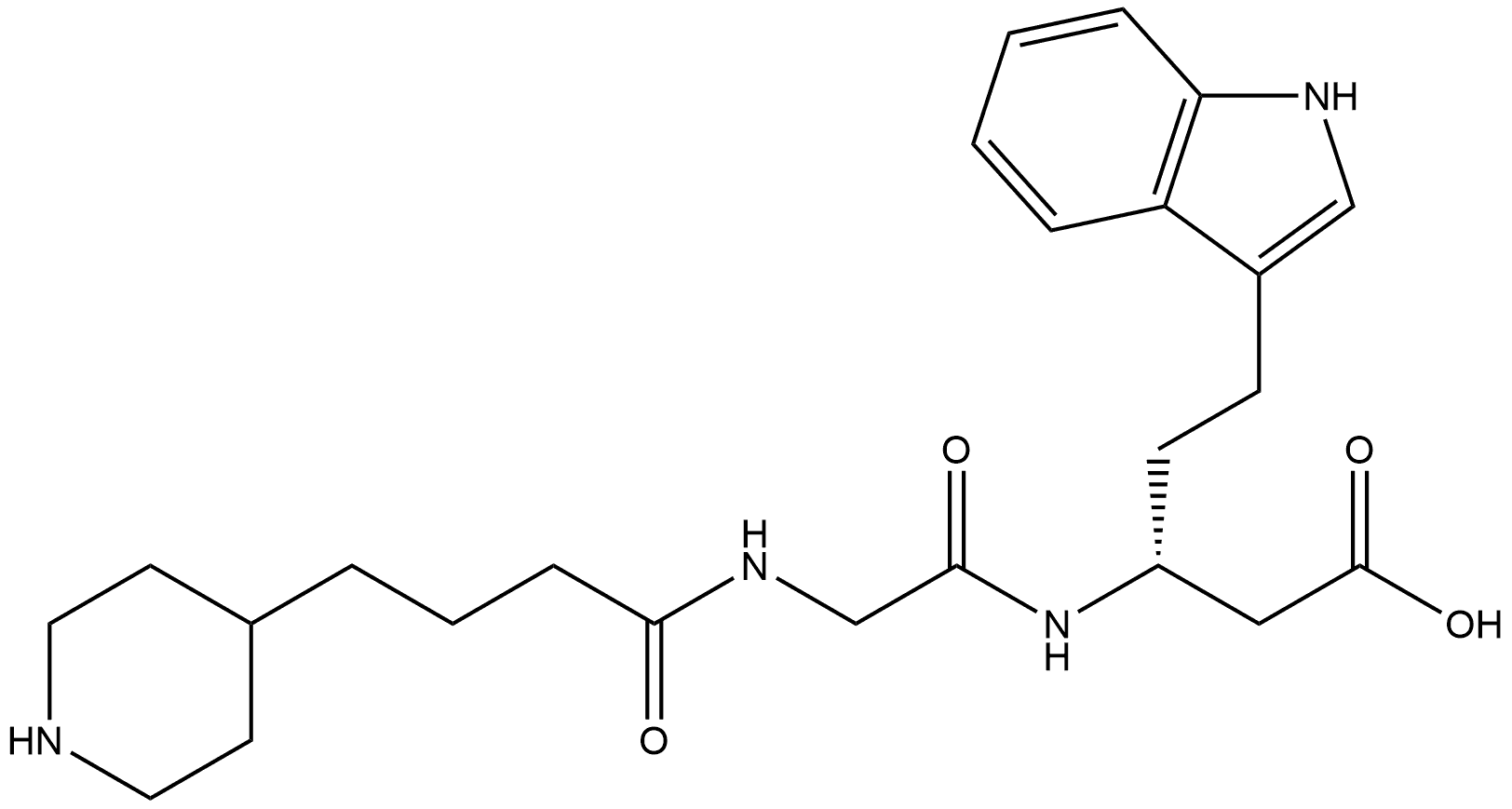 (3R)-5-(1H-インドール-3-イル)-3-{2-[4-(ピペリジン-4-イル)ブタンアミド]アセトアミド}ペンタン酸 化学構造式
