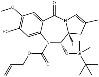 1H-Pyrrolo[2,1-c][1,4]benzodiazepine-10(5H)-carboxylic acid, 11-[[(1,1-dimethylethyl)dimethylsilyl]oxy]-11,11a-dihydro-8-hydroxy-7-methoxy-2-methyl-5-oxo-, 2-propen-1-yl ester, (11S,11aS)- Struktur