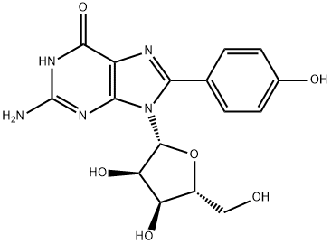 2-Amino-9-((2R,3R,4S,5R)-3,4-dihydroxy-5-(hydroxymethyl)tetrahydrofuran-2-yl)-8-(4-hydroxyphenyl)-1H-purin-6(9H)-one Struktur
