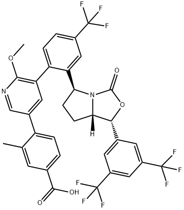 Benzoic acid, 4-[5-[2-[(1R,5S,7aS)-1-[3,5-bis(trifluoromethyl)phenyl]tetrahydro-3-oxo-1H,3H-pyrrolo[1,2-c]oxazol-5-yl]-4-(trifluoromethyl)phenyl]-6-methoxy-3-pyridinyl]-3-methyl- 化学構造式
