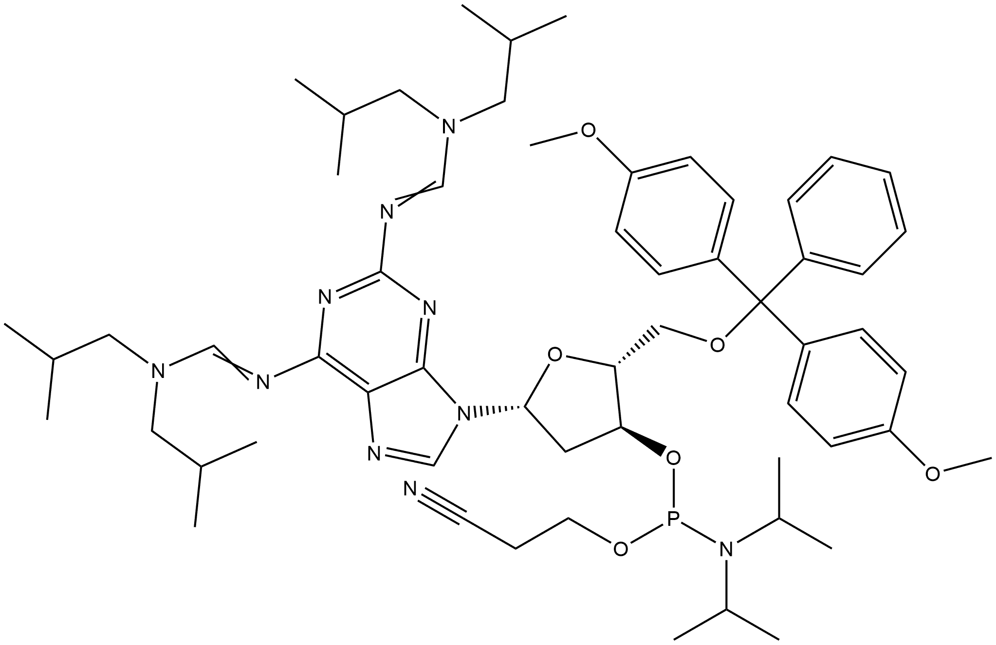 Adenosine, 5'-O-[bis(4-methoxyphenyl)phenylmethyl]-N-[[bis(2-methylpropyl)amino]methylene]-2-[[[bis(2-methylpropyl)amino]methylene]amino]-2'-deoxy-, 3'-[2-cyanoethyl N,N-bis(1-methylethyl)phosphoramidite] Struktur