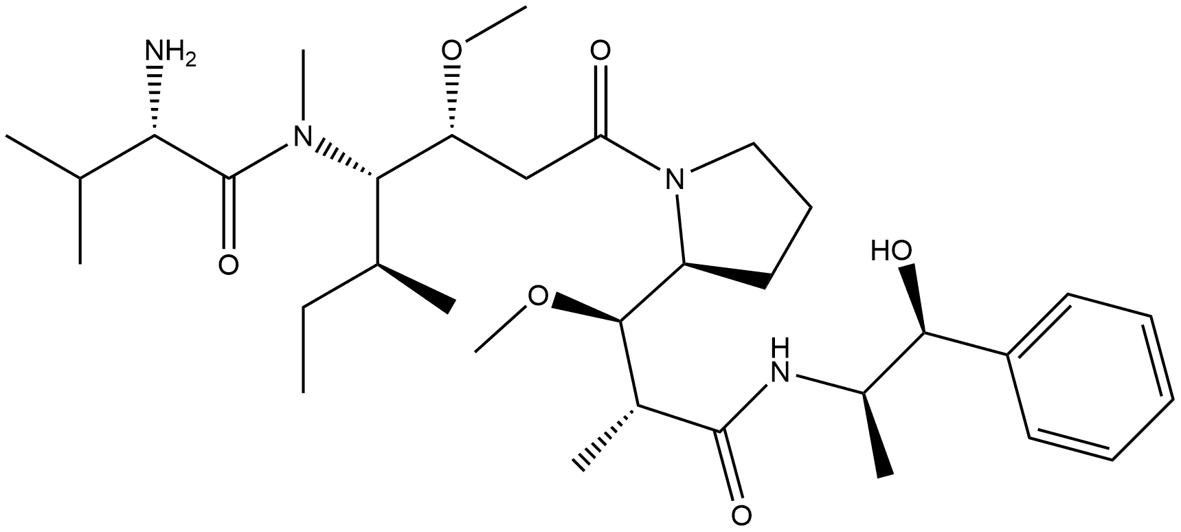 2-Pyrrolidinepropanamide, 1-[(3R,4S,5S)-4-[[(2S)-2-amino-3-methyl-1-oxobutyl]methylamino]-3-methoxy-5-methyl-1-oxoheptyl]-N-[(1R,2S)-2-hydroxy-1-methyl-2-phenylethyl]-β-methoxy-α-methyl-, (αR,βR,2S)- Struktur