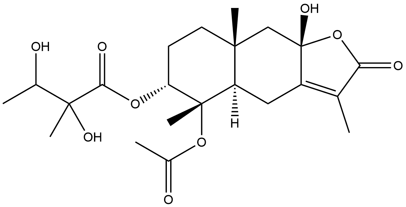 4α,8β-Dihydroxy-3α-(2-hydroxy-3-acetoxy-2-methylbutyryloxy)eudesm-7(11)-en-12,8α-olide Struktur