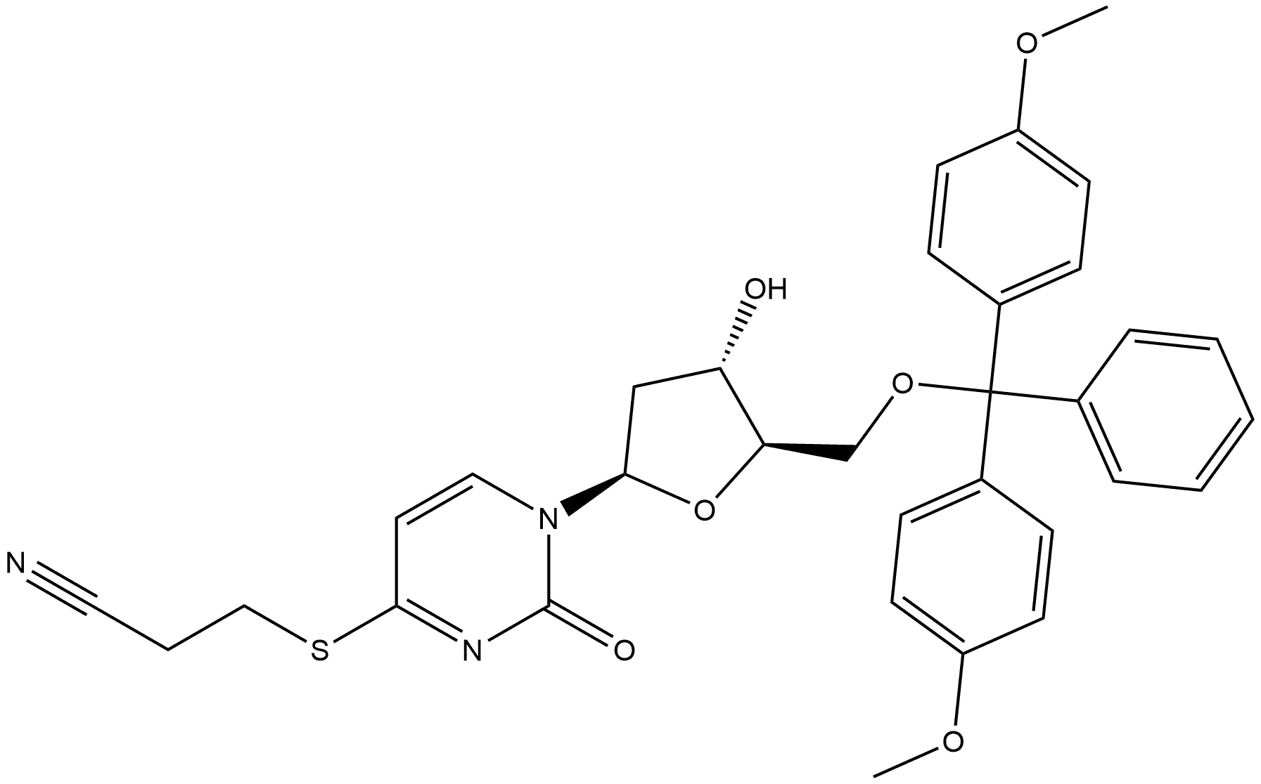 Uridine, 5'-O-[bis(4-methoxyphenyl)phenylmethyl]-4-S-(2-cyanoethyl)-2'-deoxy-4-thio- 化学構造式