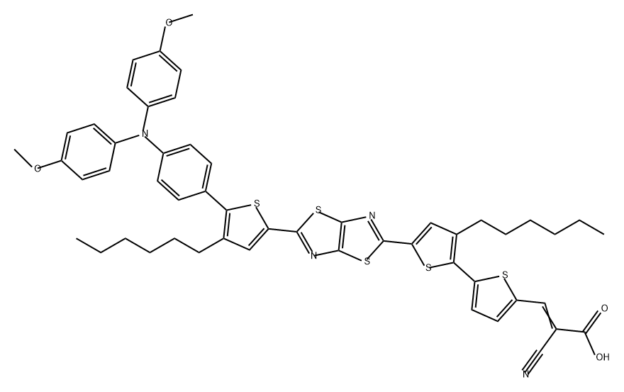 2-Propenoic acid, 3-[5'-[5-[5-[4-[bis(4-methoxyphenyl)amino]phenyl]-4-hexyl-2-thienyl]thiazolo[5,4-d]thiazol-2-yl]-3'-hexyl[2,2'-bithiophen]-5-yl]-2-cyano-,1443234-68-1,结构式