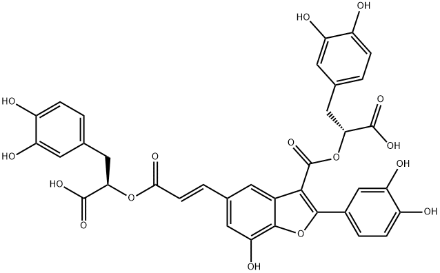 3-Benzofurancarboxylic acid, 5-[(1E)-3-[(1R)-1-carboxy-2-(3,4-dihydroxyphenyl)ethoxy]-3-oxo-1-propen-1-yl]-2-(3,4-dihydroxyphenyl)-7-hydroxy-, 3-[(1R)-1-carboxy-2-(3,4-dihydroxyphenyl)ethyl] ester Struktur