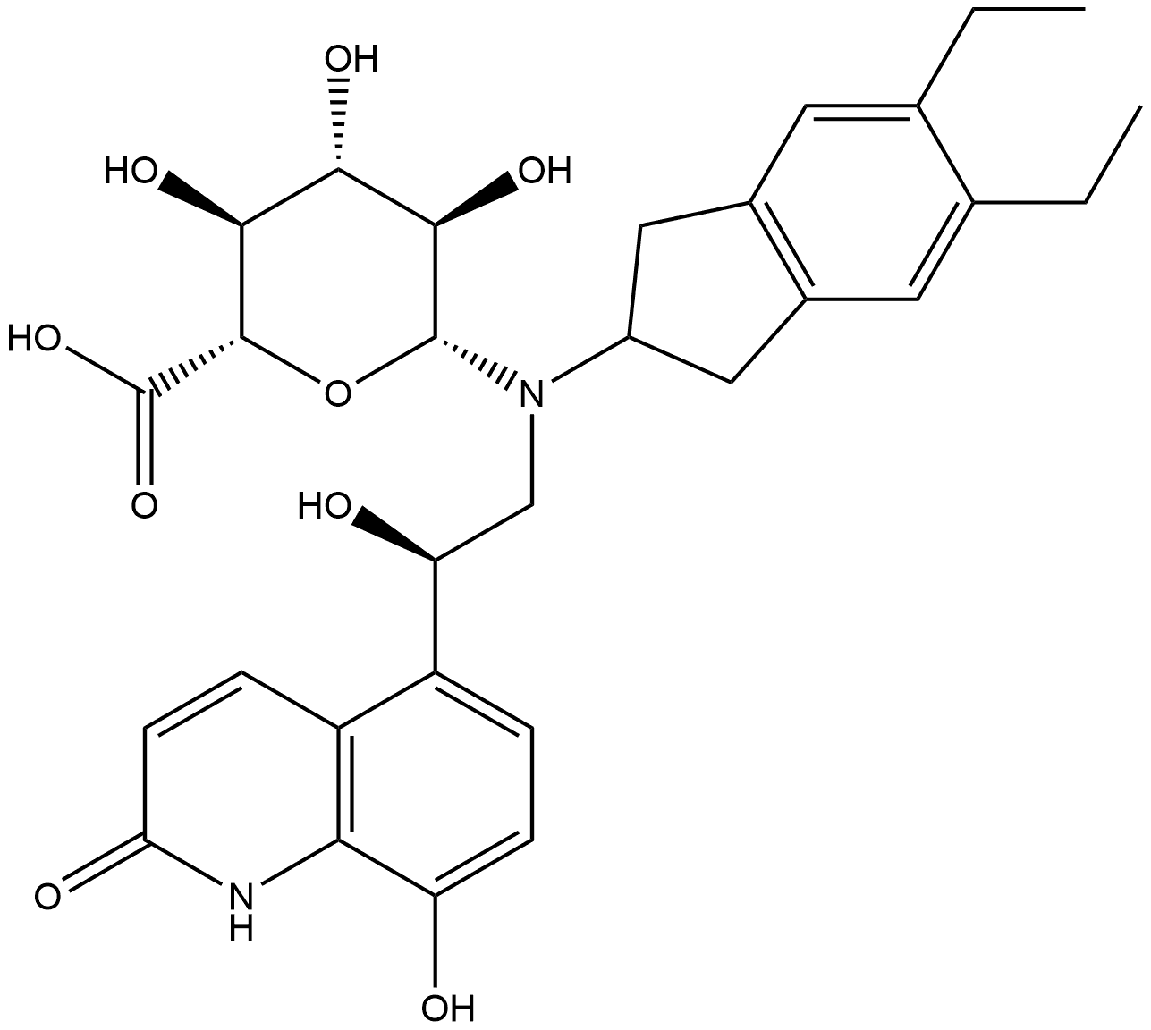 β-D-Glucopyranuronic acid, 1-deoxy-1-[(5,6-diethyl-2,3-dihydro-1H-inden-2-yl)[(2R)-2-(1,2-dihydro-8-hydroxy-2-oxo-5-quinolinyl)-2-hydroxyethyl]amino]- Struktur
