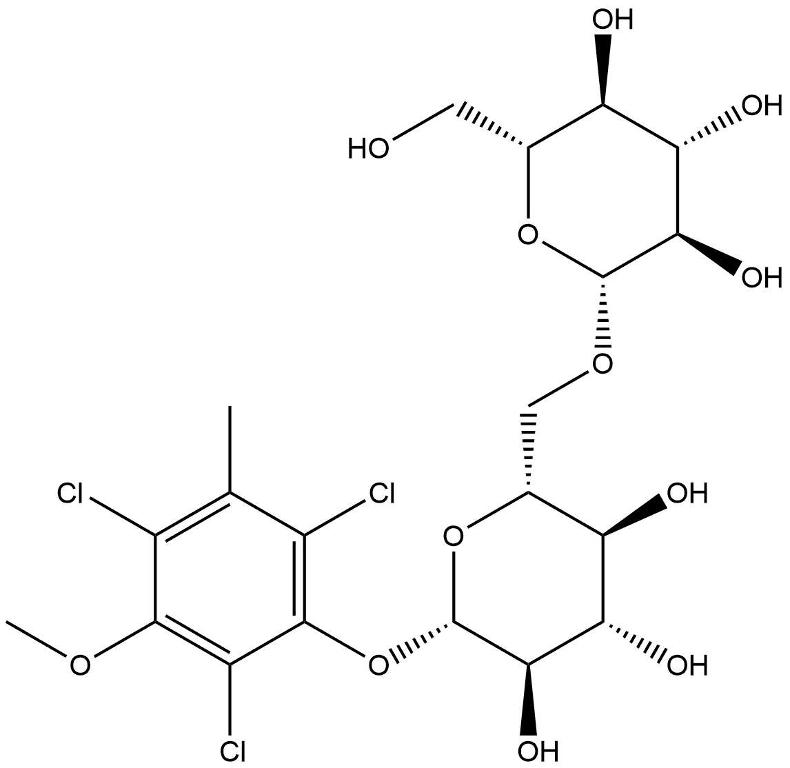 2,4,6-trichlorol-3-methyl-5-methoxyphenol-1-O-β-D-glucopyranosyl-(1→6)-β-D-glucopyranoside 化学構造式