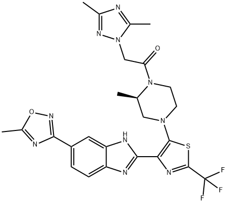 Ethanone, 2-(3,5-dimethyl-1H-1,2,4-triazol-1-yl)-1-[(2R)-2-methyl-4-[4-[6-(5-methyl-1,2,4-oxadiazol-3-yl)-1H-benzimidazol-2-yl]-2-(trifluoromethyl)-5-thiazolyl]-1-piperazinyl]- 化学構造式