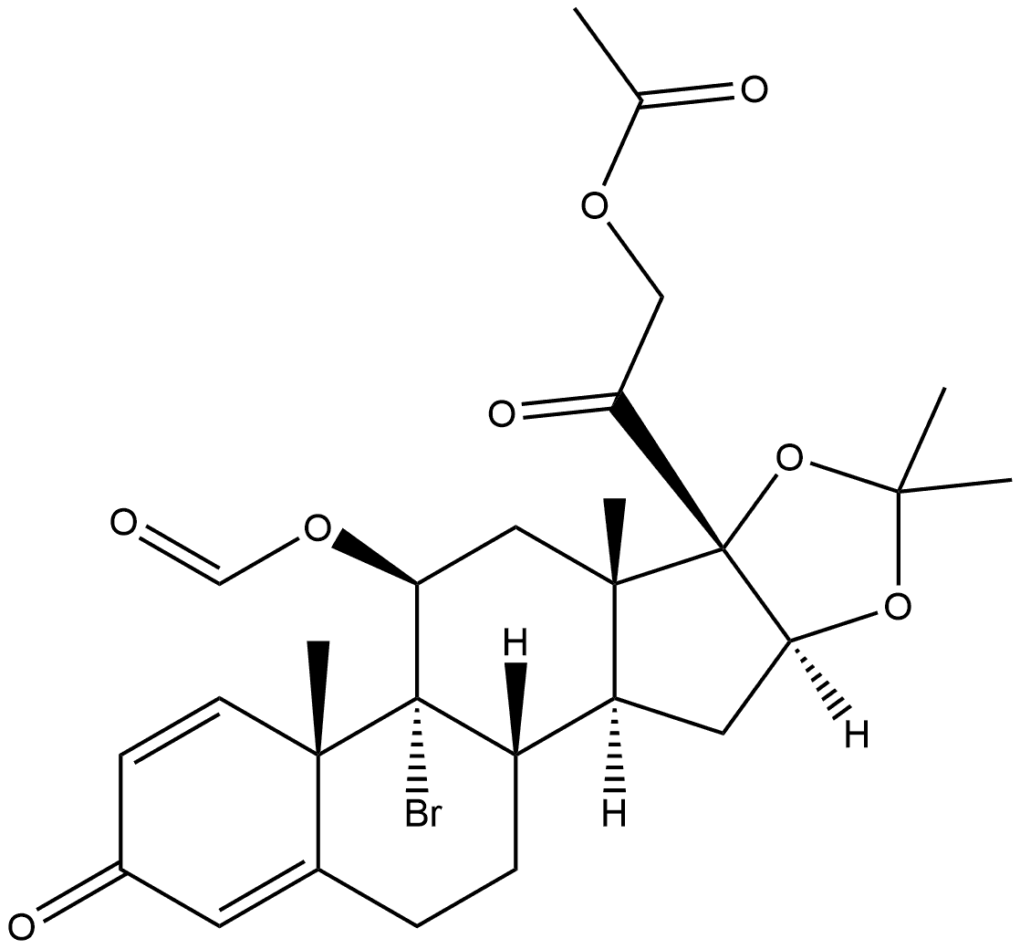 (11Β,16Α)-21-(ACETYLOXY)-9-BROMO-11-(FORMYLOXY)-16,17-[(1-METHYLETHYLIDENE)BIS(OXY)]PREGNA-1,4-DIENE-3,20-DIONE, 145411-46-7, 结构式