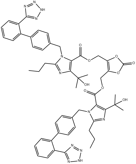 1H-Imidazole-5-carboxylic acid, 4-(1-hydroxy-1-methylethyl)-2-propyl-1-[[2'-(2H-tetrazol-5-yl)[1,1'-biphenyl]-4-yl]methyl]-, 5,5'-[(2-oxo-1,3-dioxole-4,5-diyl)bis(methylene)] ester 结构式
