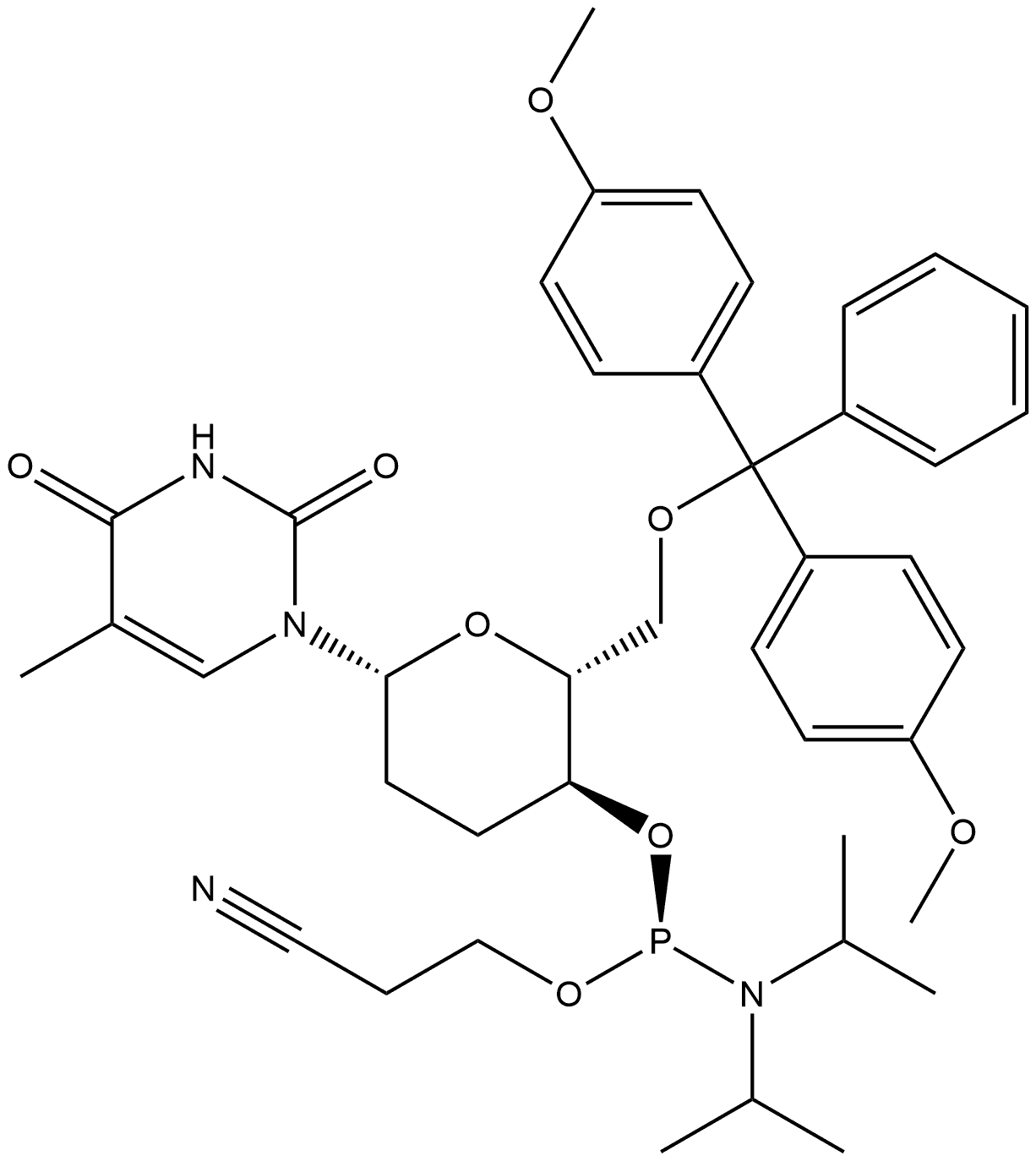 2,4(1H,3H)-Pyrimidinedione, 1-[6-O-[bis(4-methoxyphenyl)phenylmethyl]-4-O-[[bis(1-methylethyl)amino](2-cyanoethoxy)phosphino]-2,3-dideoxy-β-D-erythro-hexopyranosyl]-5-methyl-, (S)- (9CI) Structure