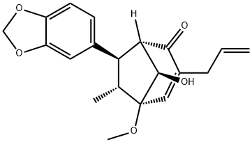 Bicyclo[3.2.1]oct-3-en-2-one, 7-(1,3-benzodioxol-5-yl)-8-hydroxy-5-methoxy-6-methyl-3-(2-propen-1-yl)-, (1S,5R,6R,7R,8R)- Struktur