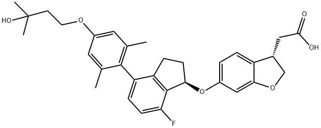 3-Benzofuranacetic acid, 6-[[(1R)-7-fluoro-2,3-dihydro-4-[4-(3-hydroxy-3-methylbutoxy)-2,6-dimethylphenyl]-1H-inden-1-yl]oxy]-2,3-dihydro-, (3S)-,1458656-71-7,结构式