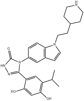 3H-1,2,4-Triazol-3-one, 5-[2,4-dihydroxy-5-(1-methylethyl)phenyl]-2,4-dihydro-4-[1-[2-(4-piperidinyl)ethyl]-1H-indol-5-yl]- 结构式